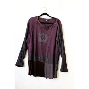 Fenini tunic blouse 3X plus purple abstract artsy art to wear multi fabric lagen